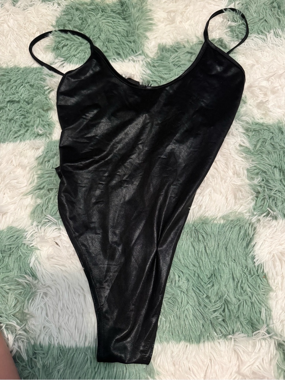 PrettyLittleThing Black Satin-Look High-Cut Bodysuit